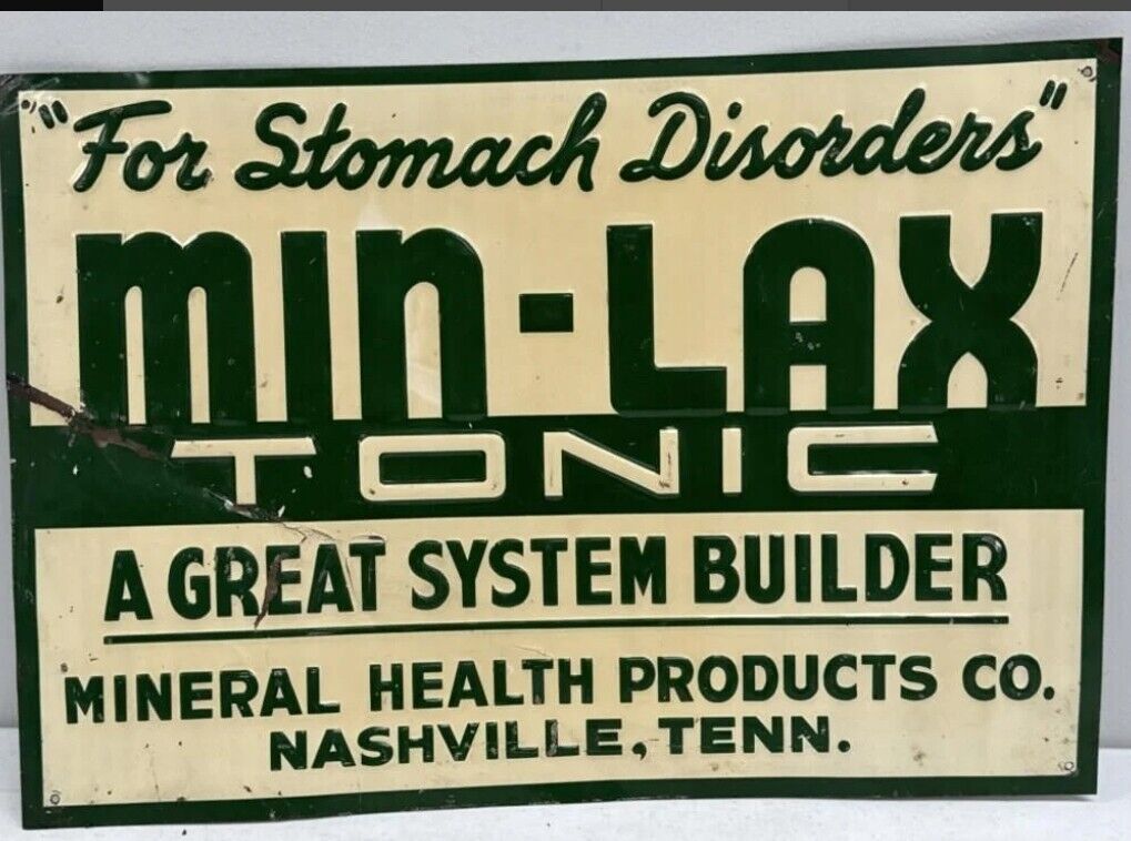 Vintage Min-Lax Tonic Embossed Tin Sign Measures 20' Across General Store Farm B