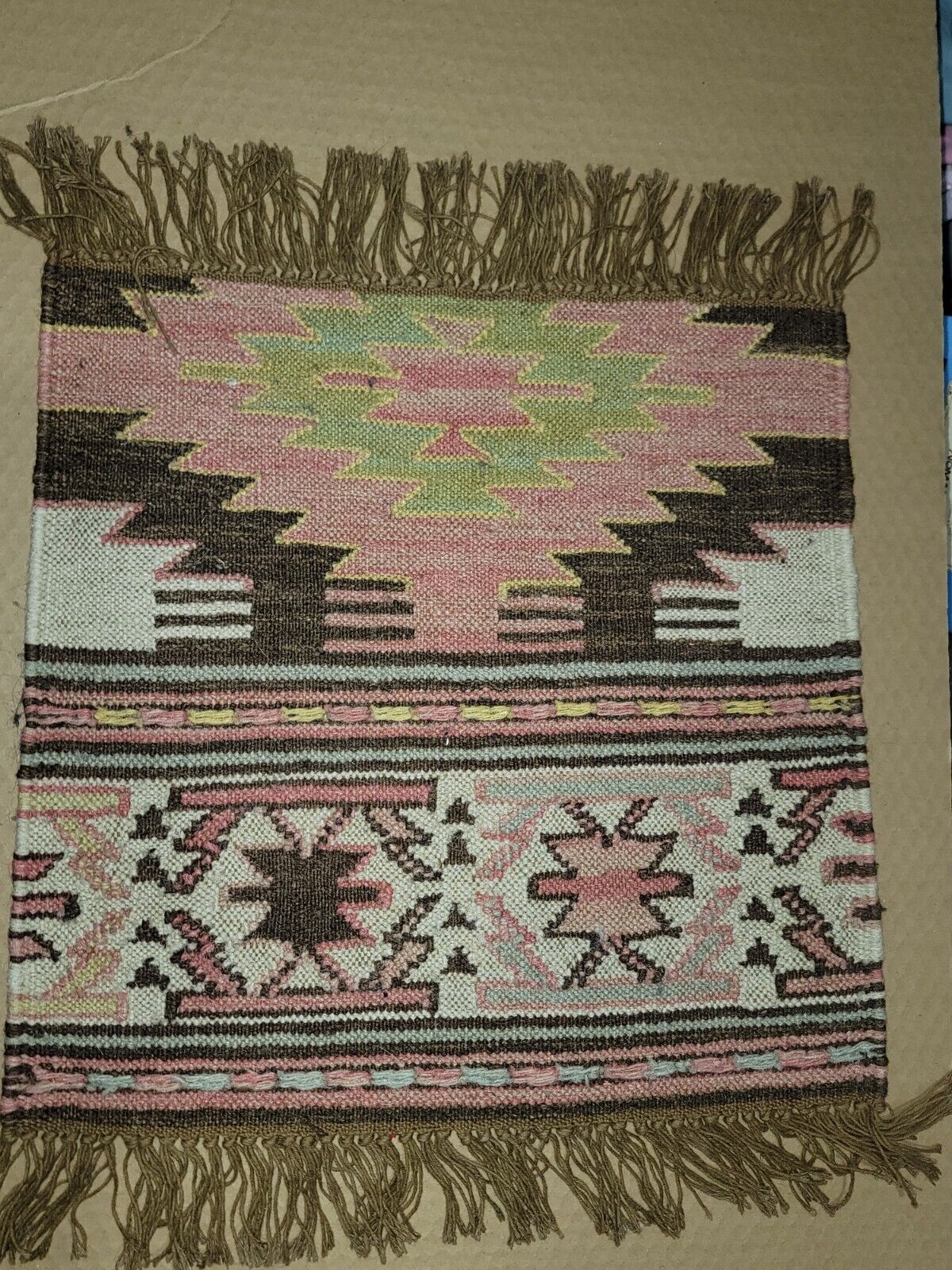 Vintage Woven Wool Southwestern Style Rug Fringes 24" x 18" Salesman samples 