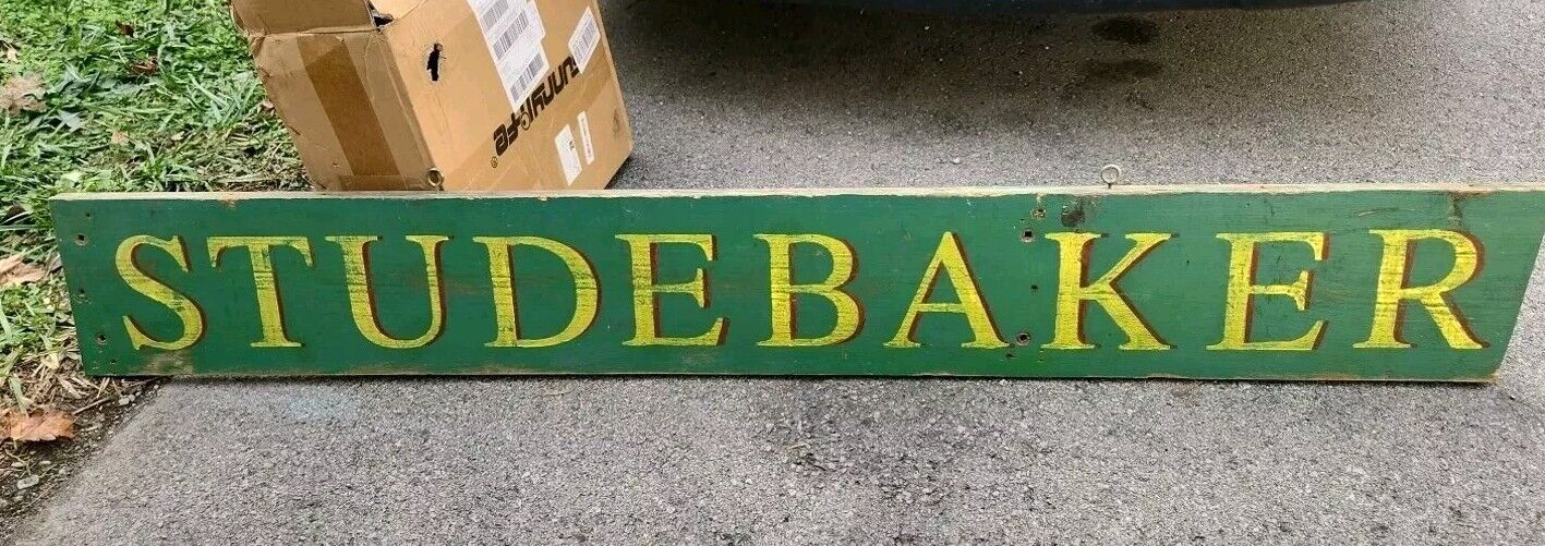 VINTAGE GREEN STUDEBAKER CARS AND TRUCKS Hand Painted Wood SIGN 9" X 59"  