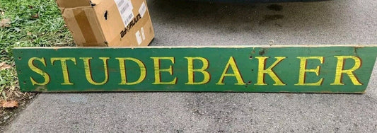 VINTAGE GREEN STUDEBAKER CARS AND TRUCKS Hand Painted Wood SIGN 9" X 59"  