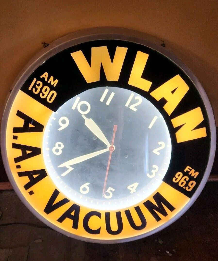 Vintage  A.A.A. Vacuum WLAN Radio WALL CLOCK  MCM Electric Advertising Runs 21" 