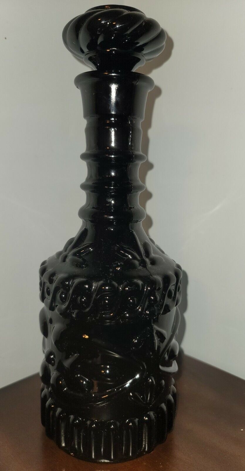 Vintage Bohemian Cranberry Black Red Glass Liquor Wine Bottle Decanter MCM