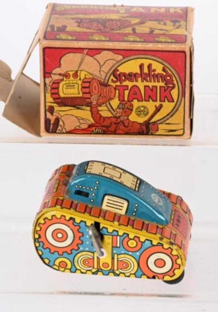 MARX 1950's SPARKLING TANK TIN MIB WINDUP TOY ORANGE BLUE Mint Condition W/ BOX 