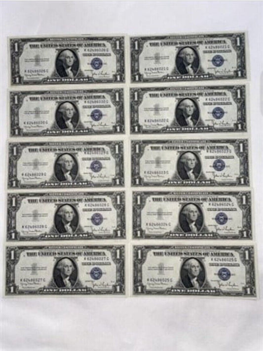 (10) Uncirculated Consecutive Sequential 1935 Plain $1 Bill Notes 