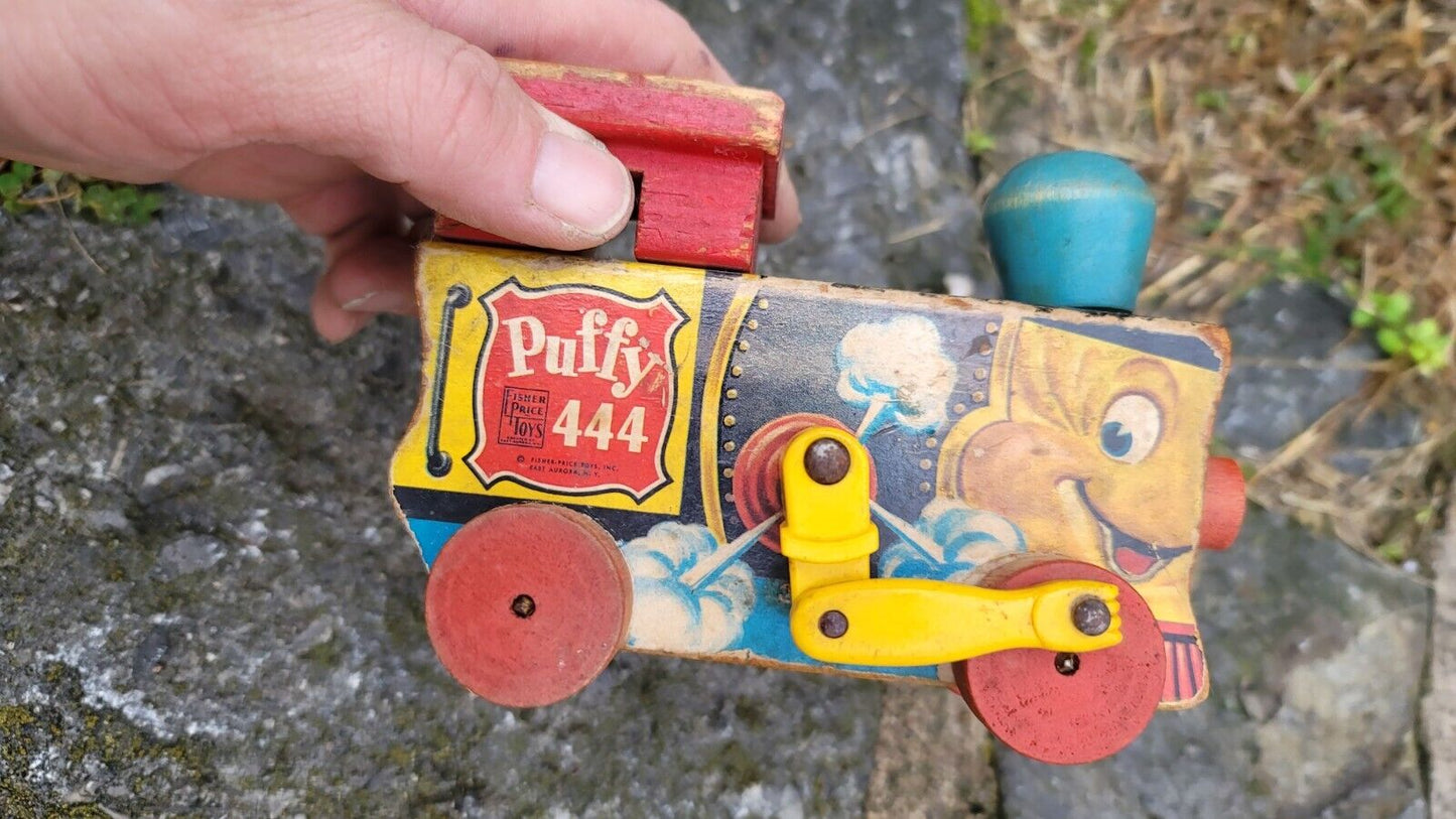 Vintage 1951 Fisher Price Wooden Pull Toy Puffy Train 444