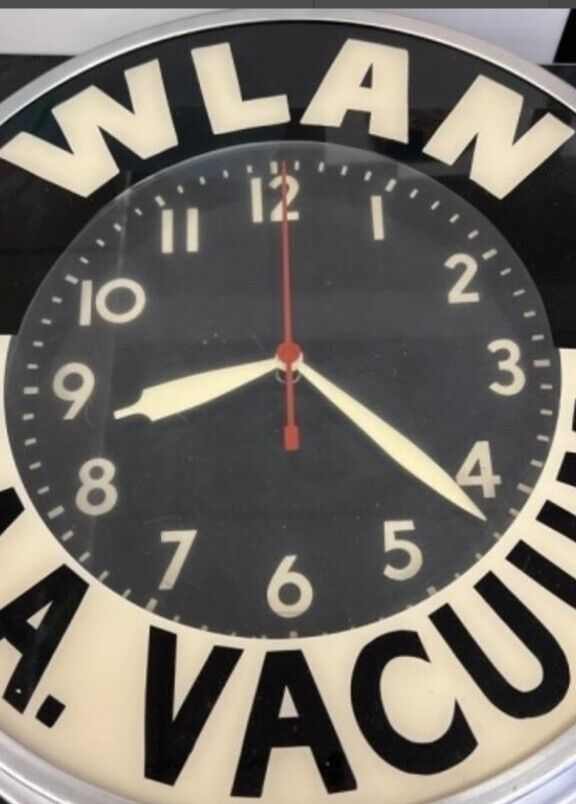 Vintage  A.A.A. Vacuum WLAN Radio WALL CLOCK  MCM Electric Advertising Runs 21" 