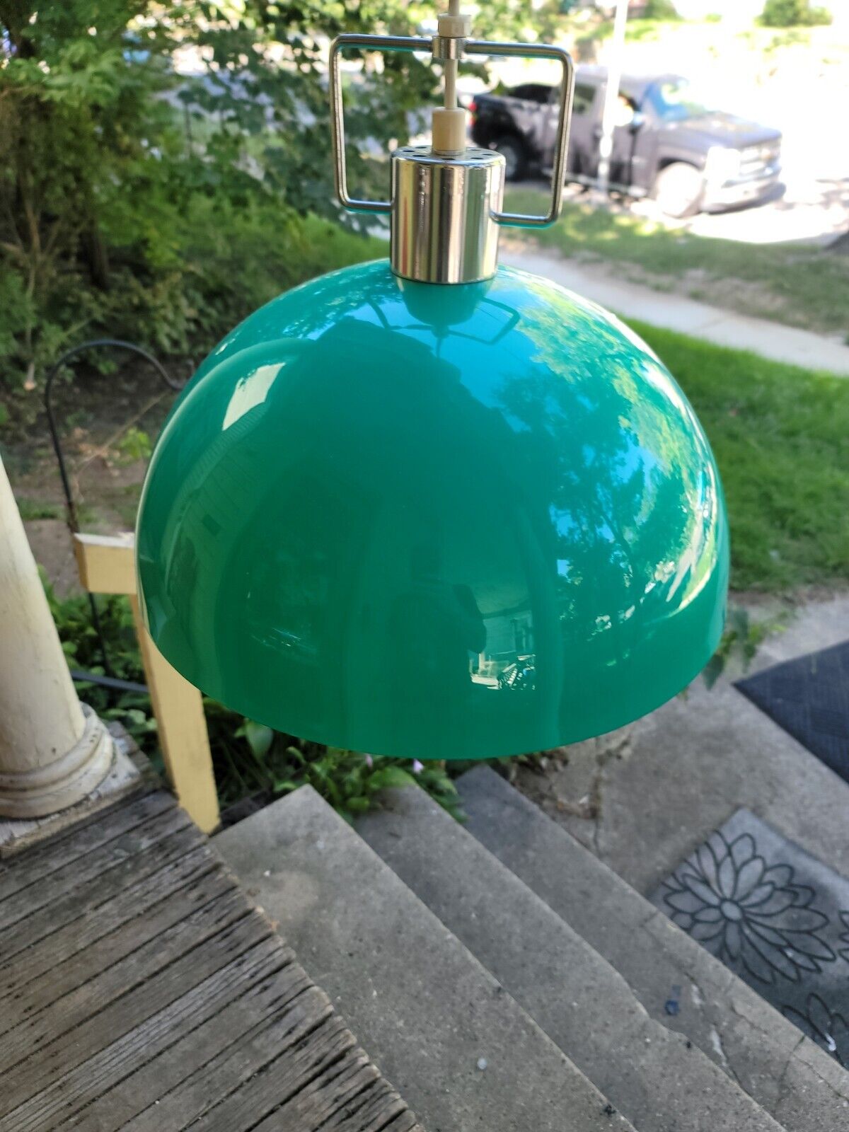 Vintage MCM Lightolier Atomic Dome Plastic Green Light Fixture Hanging Pendant 