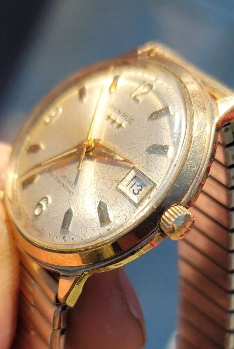 Vtg Benrus Gold Plated 39 Jewels Automatic Date Watch Series 7001 Runs Great B