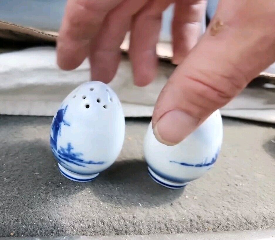 Vtg Delft Blue Hand Painted Egg Salt & Pepper Shakers Set  Windmills