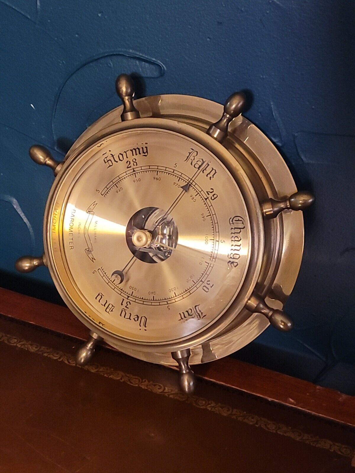 Lacquered Brass Ship's Wheel Barometer With Beveled Glass