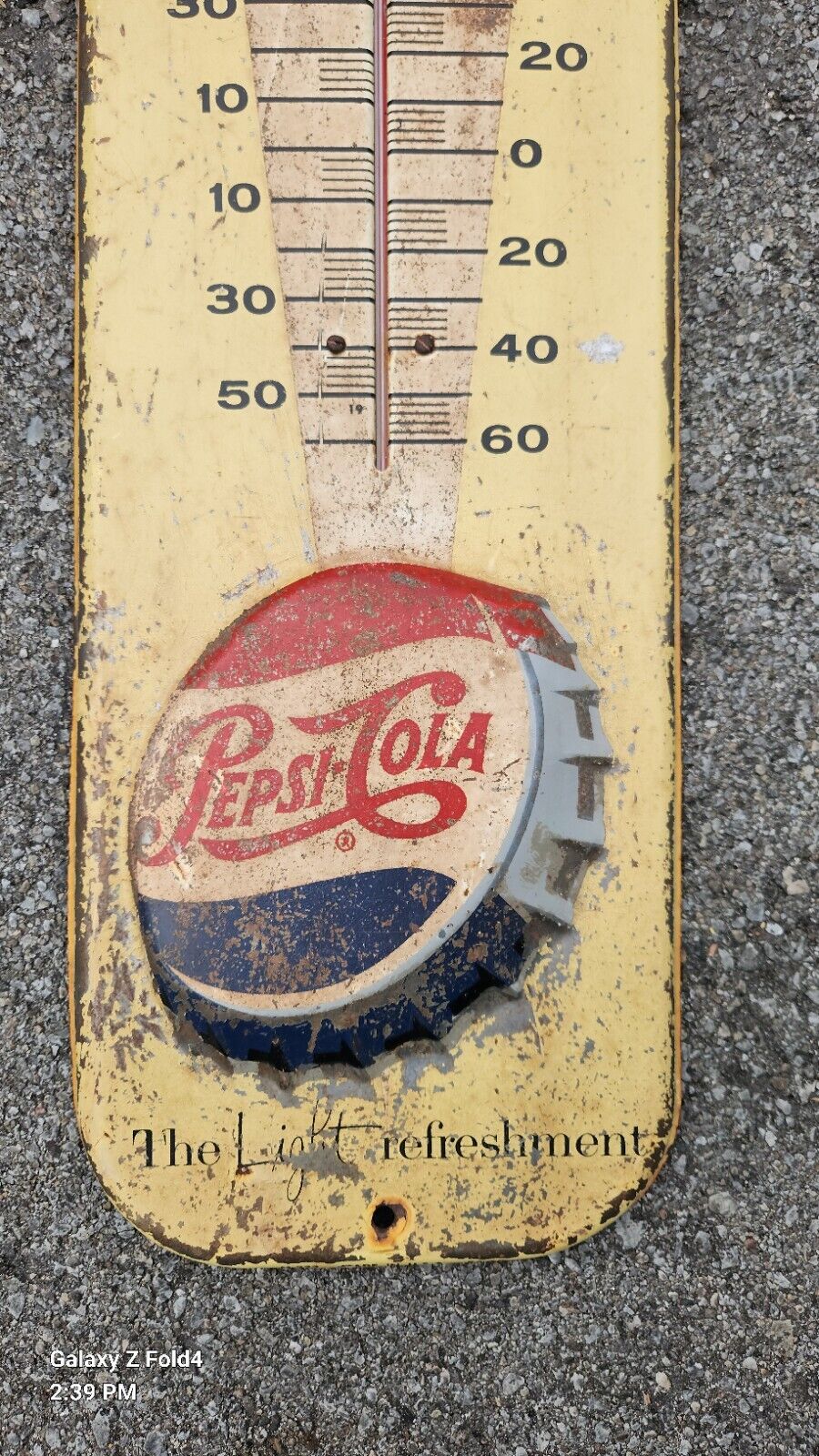 VINTAGE ADVERTISING 1957  PEPSI COLA SODA TIN WALL THERMOMETER  Great Patina