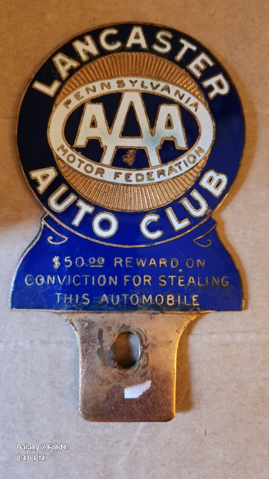 Vtg. Lancaster PA Auto Club AAA License Plate Topper Enamel Mopar Car Club Ford 