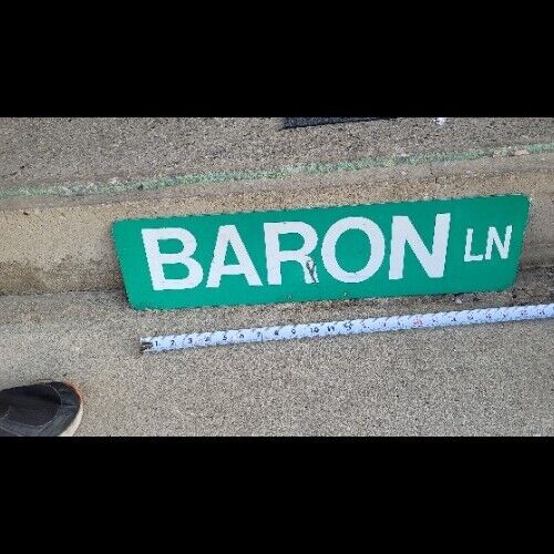 Baron Lane Metal Street Sign Green 6" X 18" Vintage Reflective RARE Cave Man