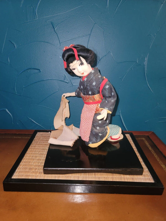 Vintage Japanese 10" Ichimatsu Girl Doll In Elaborate Kimono Wood Base MCM