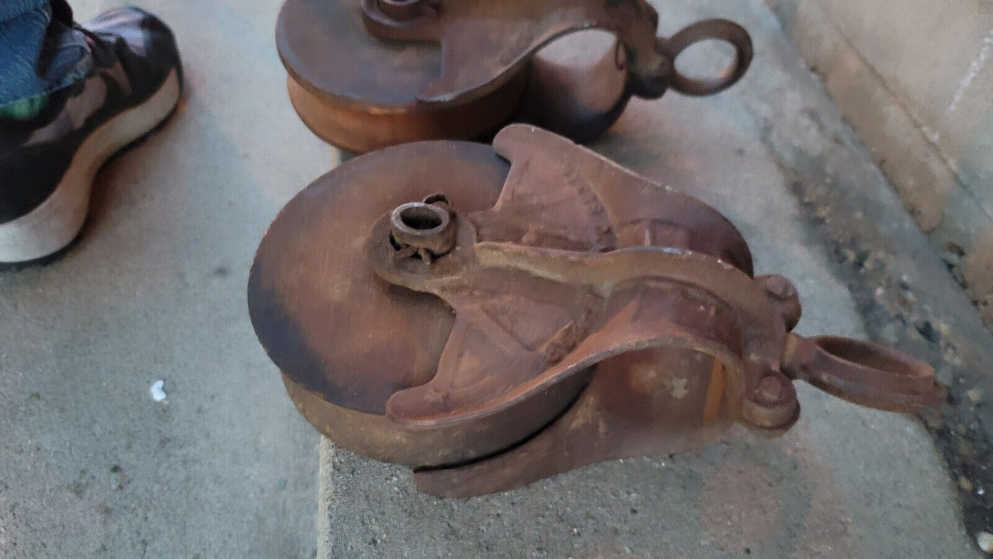 Lot Of 2 Antique Cast Iron Myers Barn Pulley Wood Wheel  H 239b H 298