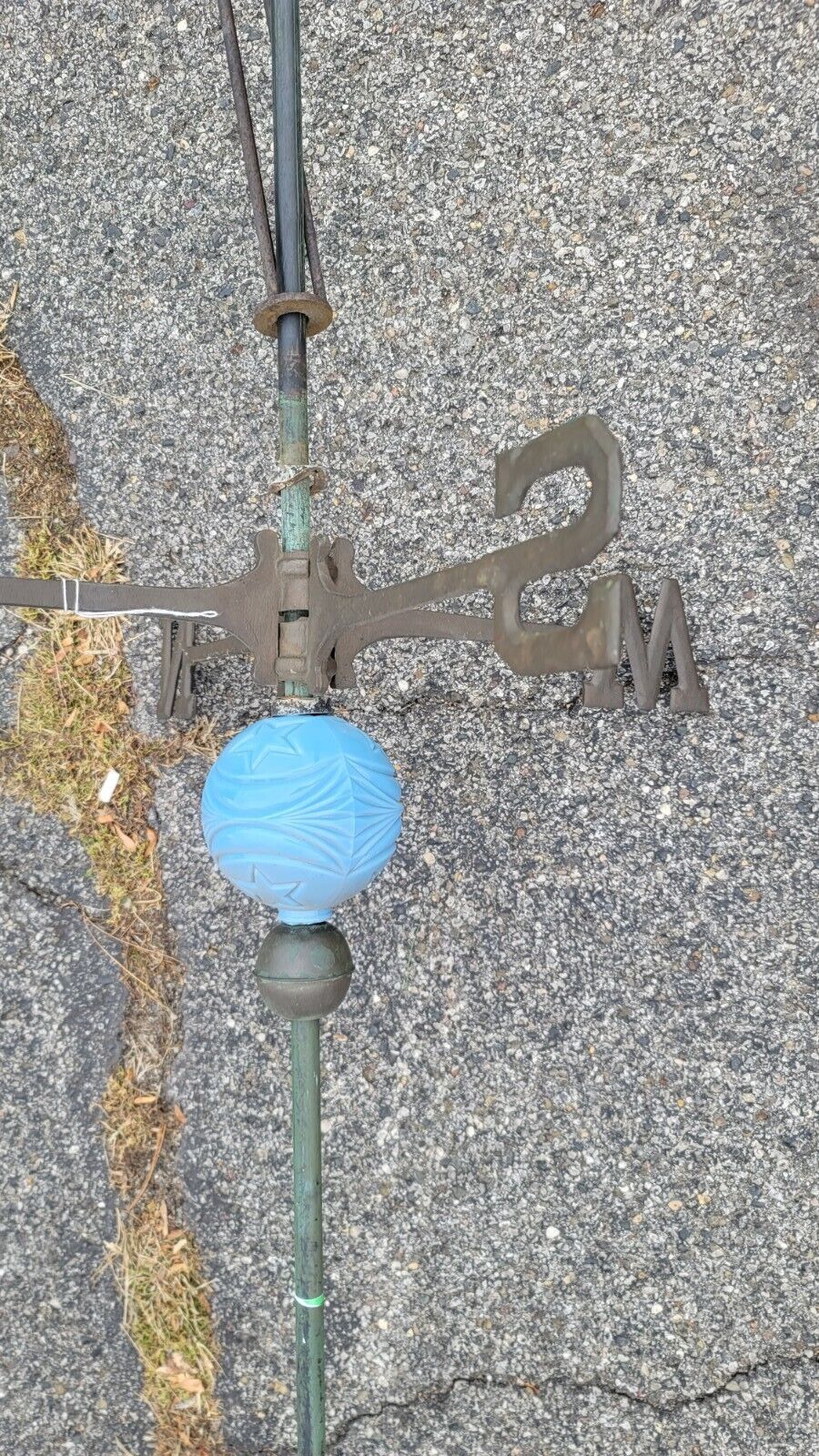 Vintage LARGE antique Weathervane Directionals post copper ball Blue Glass Star 