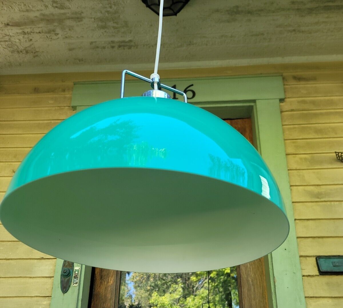 Vintage MCM Lightolier Atomic Dome Plastic Green Light Fixture Hanging Pendant 