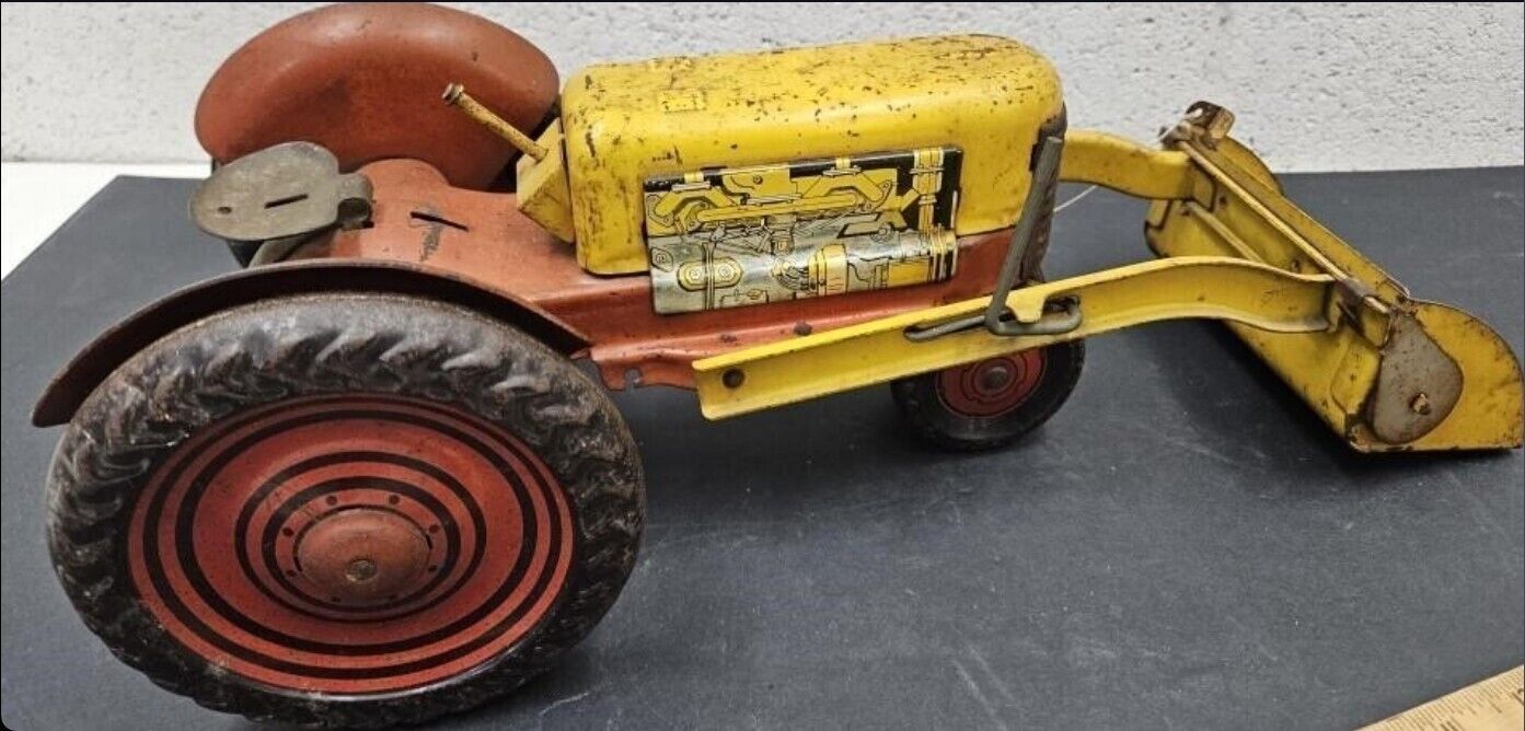 Large Vintage Marx Pressed Steel Farm Tractor With Front Loader 16" Played With 