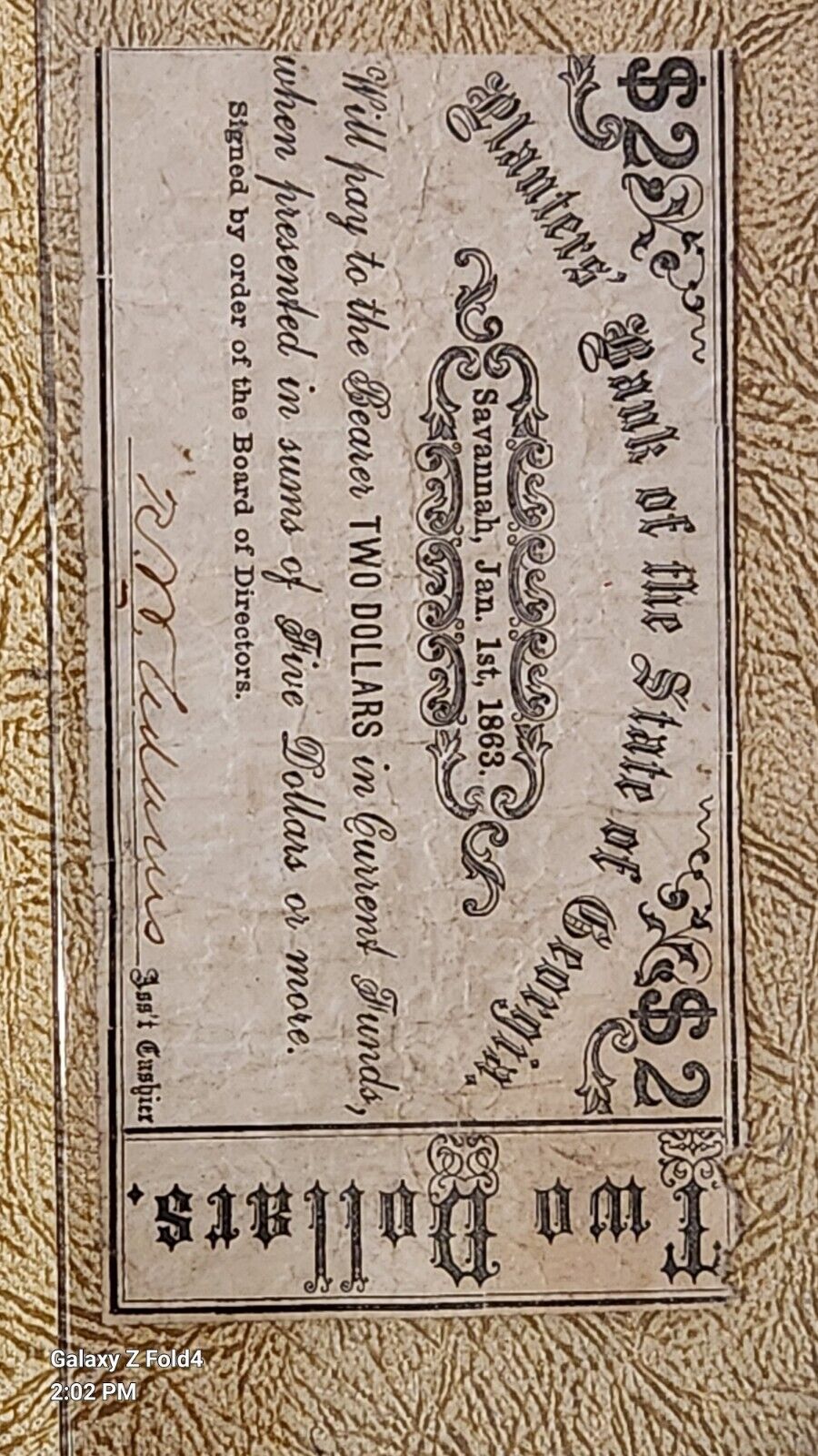 Two Dollar Jan 1st 1863 BANK-NOTE PLANTERS BANK STATE GEORGIA  SAVANNAH GA 