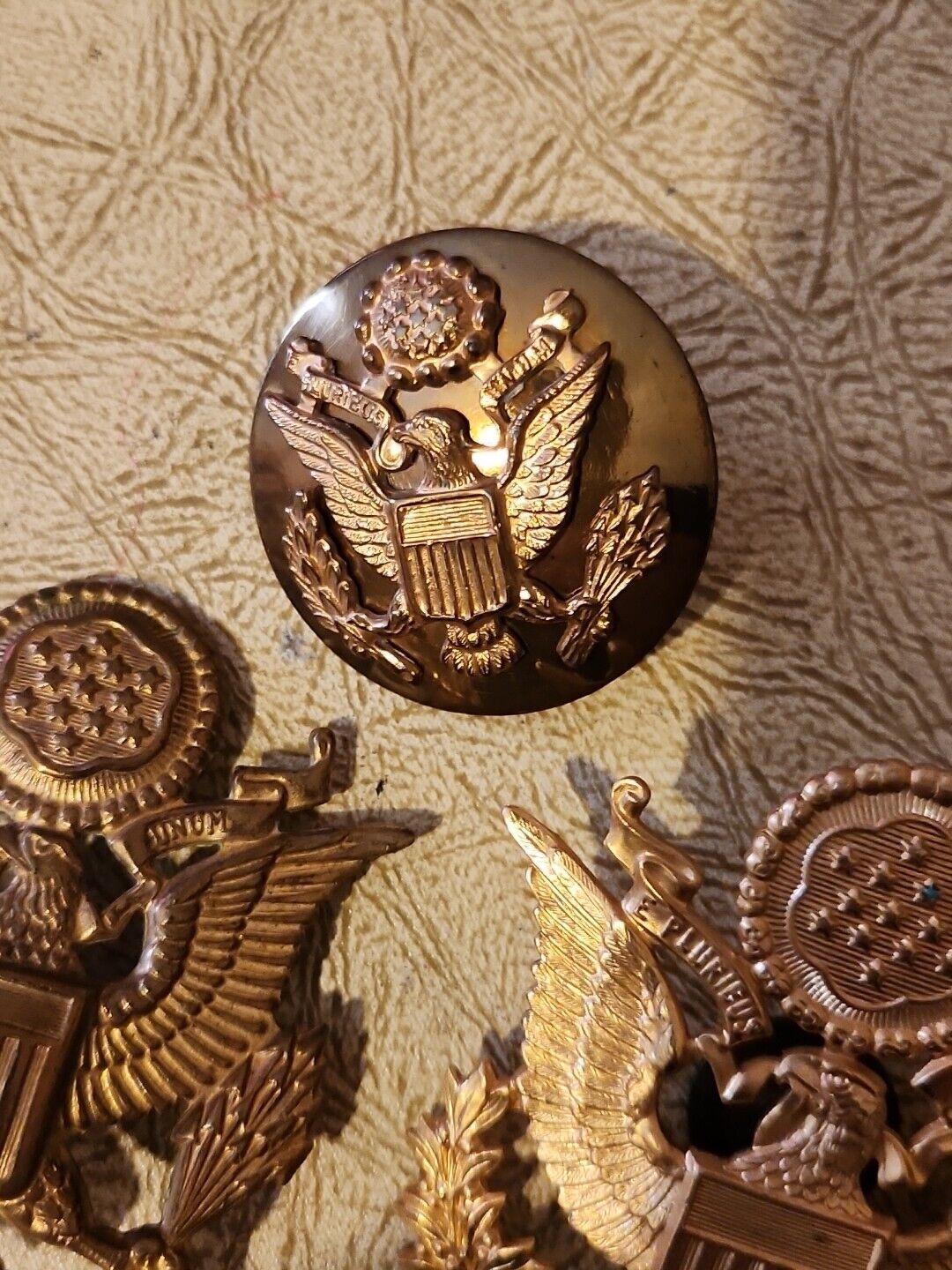 Lot Of 3 WWII Brass Eagle US Army Pin Military Hat Lapel Screw Back Vintage