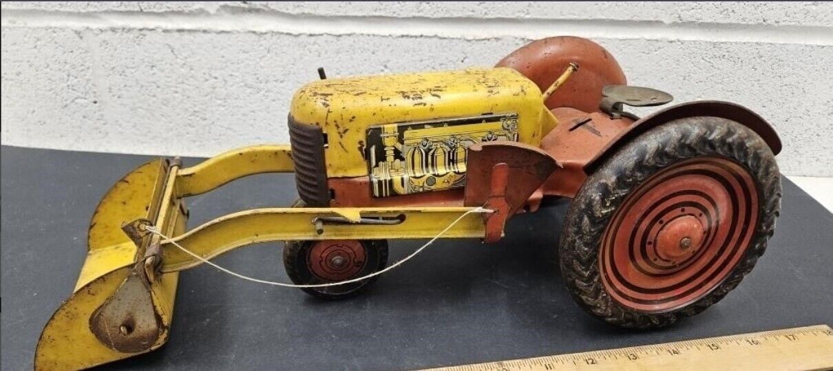 Large Vintage Marx Pressed Steel Farm Tractor With Front Loader 16" Played With 