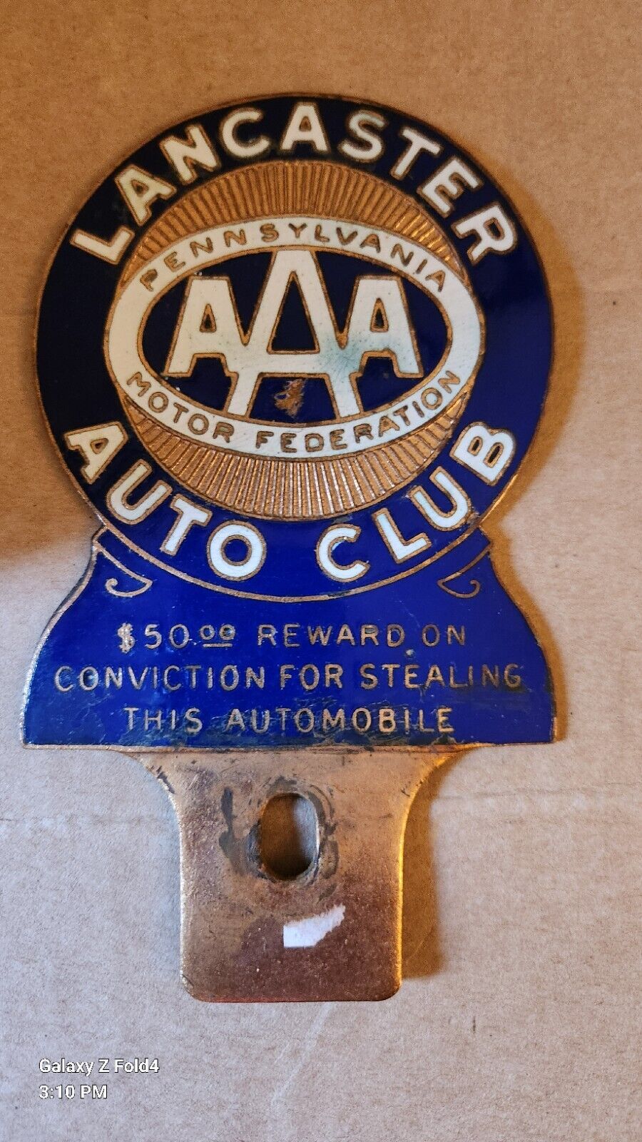 Vtg. Lancaster PA Auto Club AAA License Plate Topper Enamel Mopar Car Club Ford 