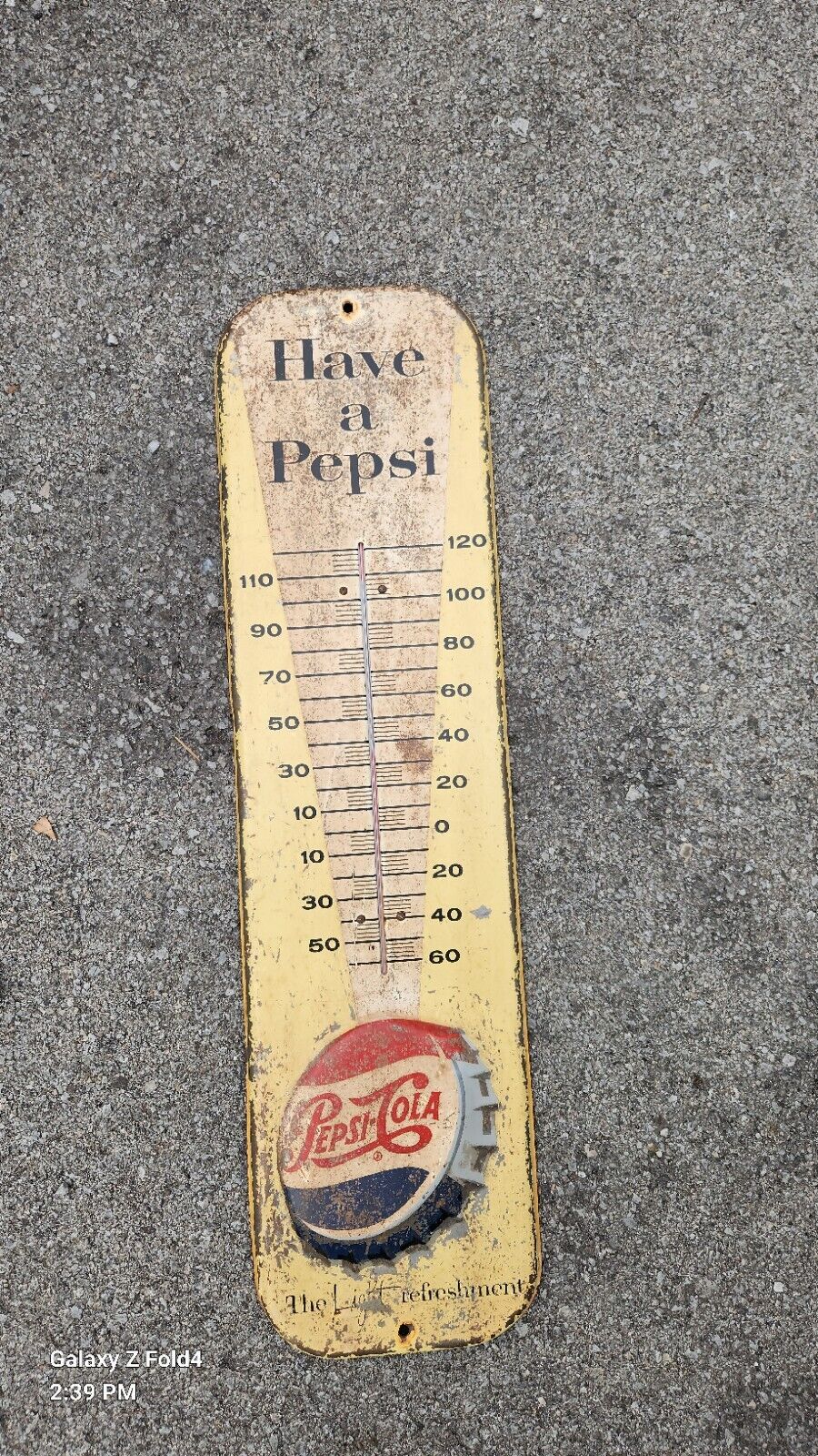 VINTAGE ADVERTISING 1957  PEPSI COLA SODA TIN WALL THERMOMETER  Great Patina