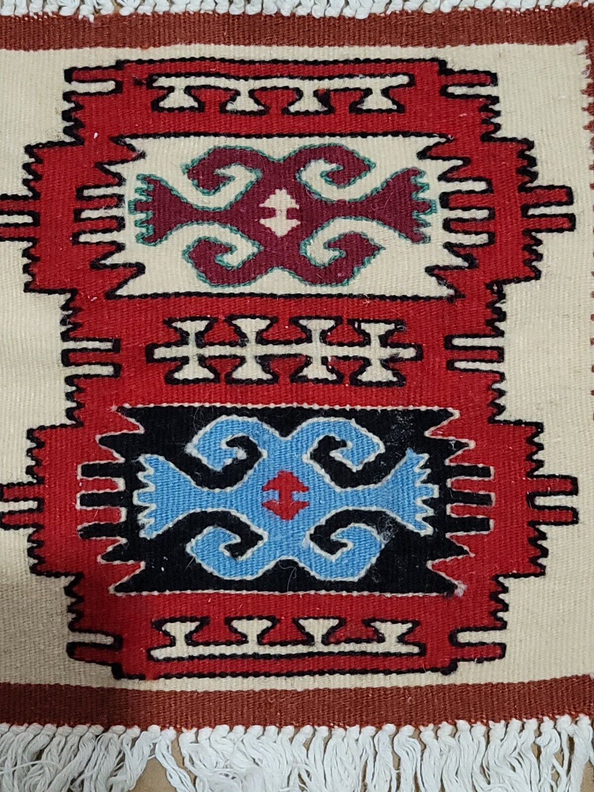 Vintage Woven Wool Southwestern Style Area Rug Fringes 10" x 11" salesman sample