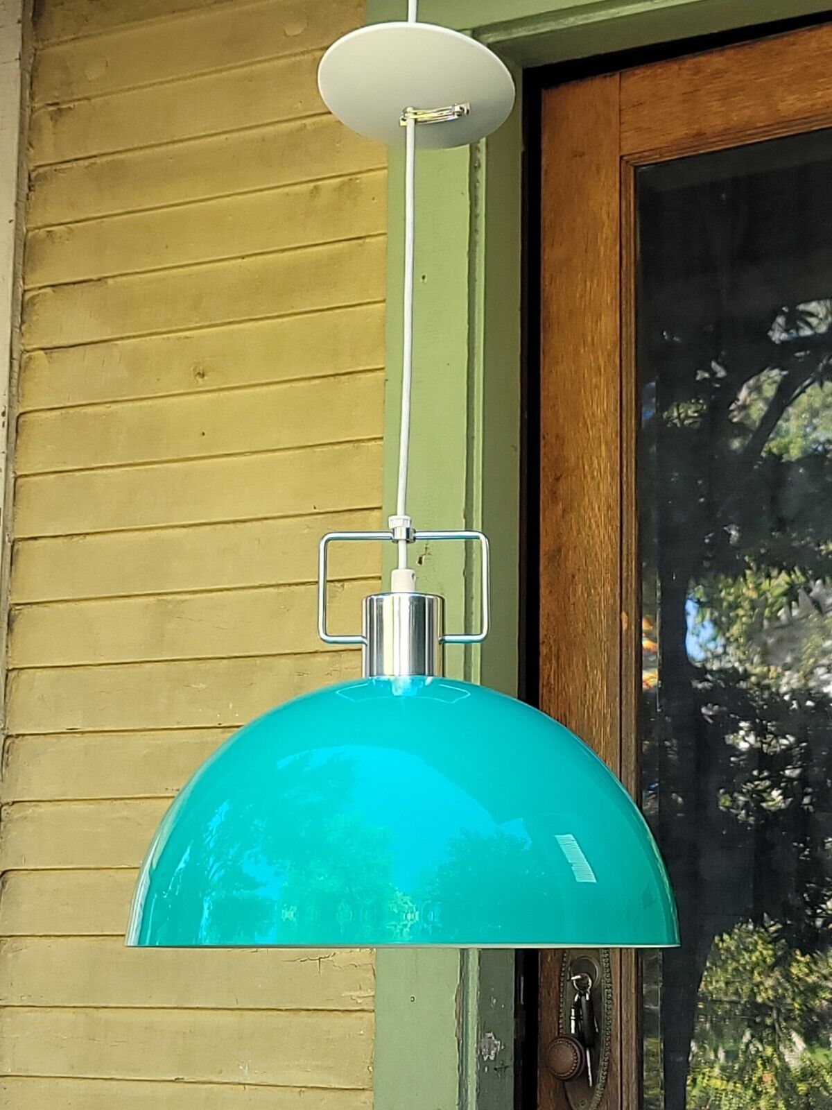 Vintage MCM Lightolier Atomic Dome Plastic Green Light Fixture Hanging Pendant 