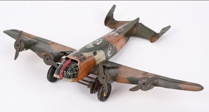 Vintage  Marx Tin Litho Army Military Toy wind-up Airplane Camo.