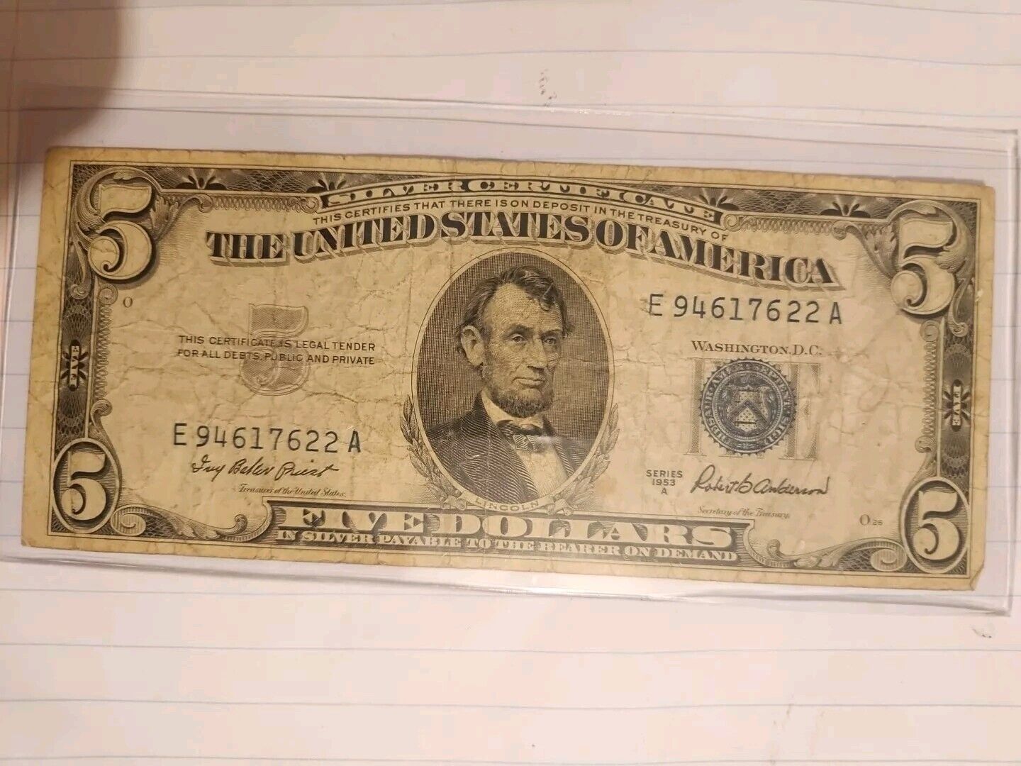 silver certificate five dollar 1953 series A blue stamp 