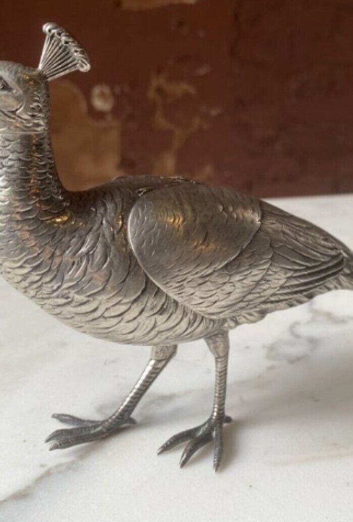 Incredible French Art Nouveau Silver peacock sculpture Salt Dispenser Shaker 