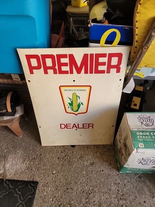 Vintage Premier Celluloid Plastic Seed Corn Antique Sign Farm Oil Gas Pump Feed