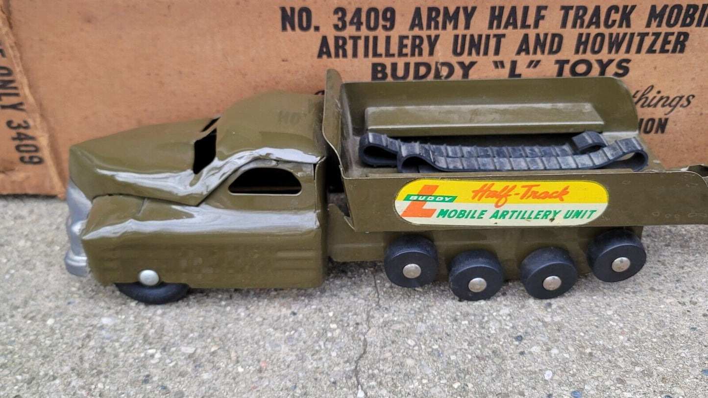 Rare Buddy L 409 Half Track mobile Artillery unit with cannon and Box. 1940s 50s