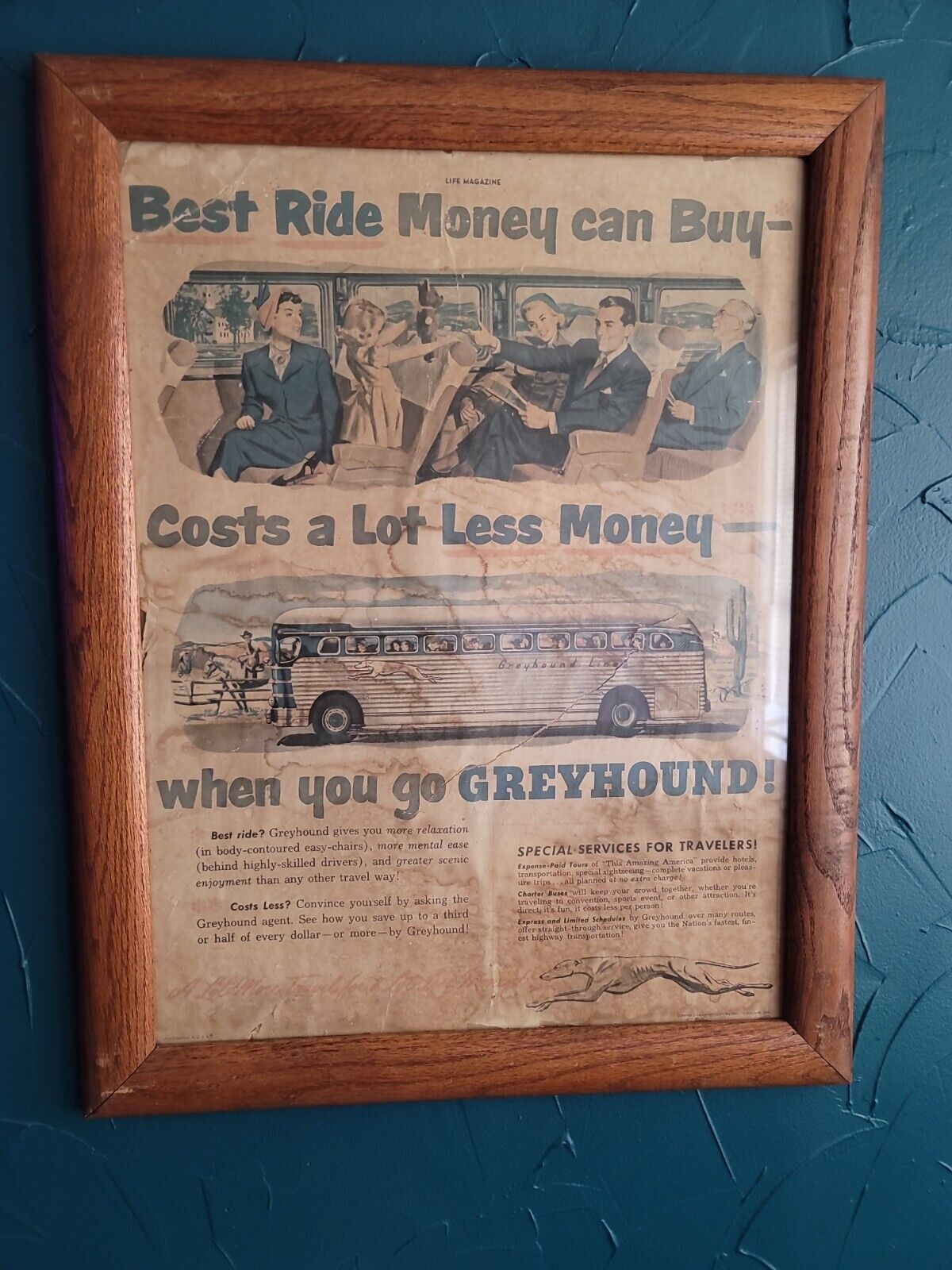 Vintage Greyhound Framed Poster 21 3/4×27 1/2 in original advertisement 