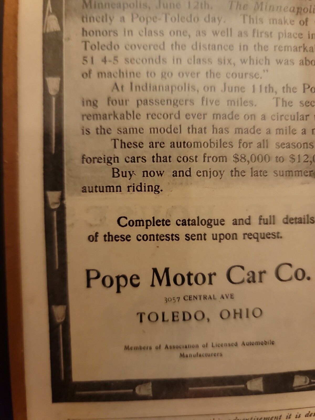 Harvey’s Wallhangers Early 1900s Detroit Pope Motor Company Advertisement  