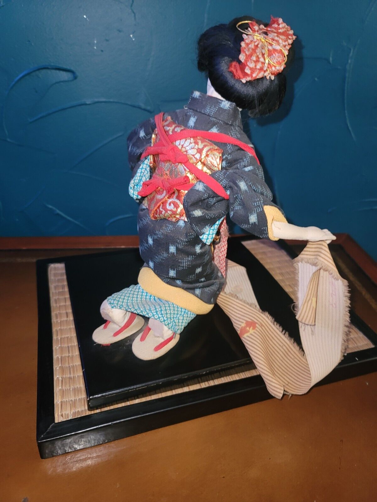 Vintage Japanese 10" Ichimatsu Girl Doll In Elaborate Kimono Wood Base MCM