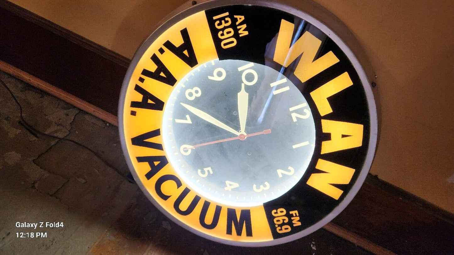 Vintage  A.A.A. Vacuum WLAN Radio WALL CLOCK  MCM Electric Advertising Runs 21" 