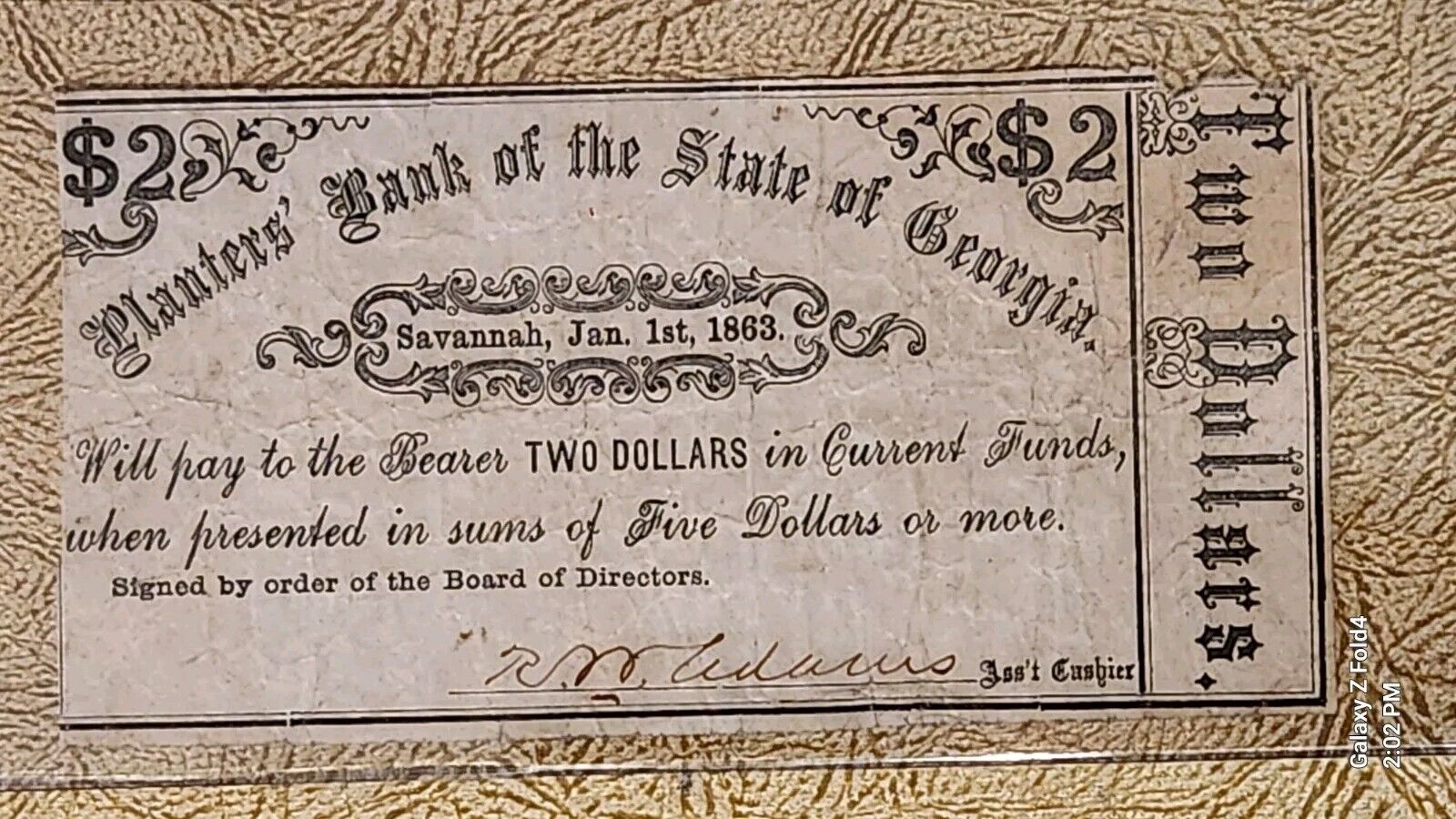 Two Dollar Jan 1st 1863 BANK-NOTE PLANTERS BANK STATE GEORGIA  SAVANNAH GA 