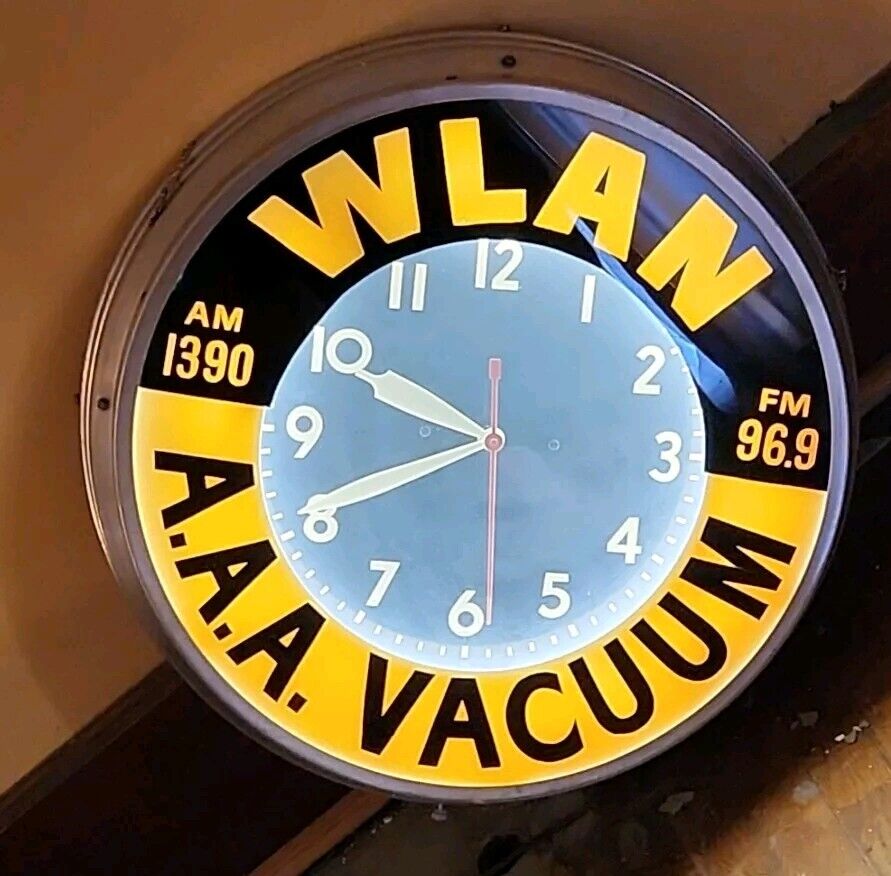 Vintage  A.A.A. Vacuum WLAN Radio WALL CLOCK  MCM Electric Advertising Runs 21" 