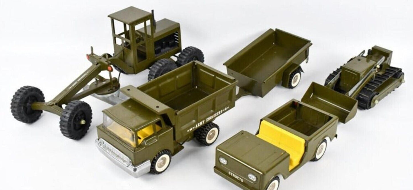 STRUCTO 1960’s Structo U. S. Army Engineers Pressed Steel Dump Truck/JEEP & More