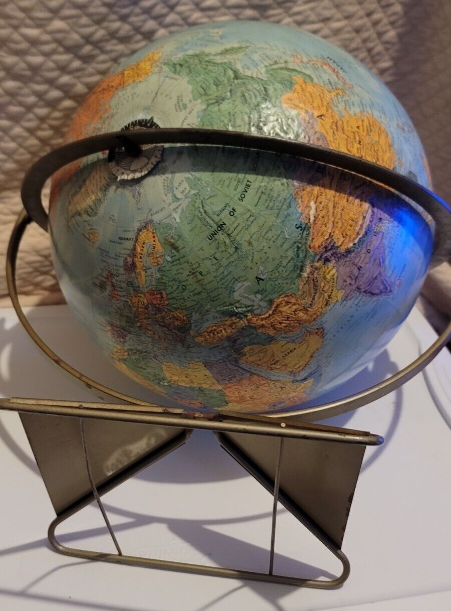 Vintage REPLOGLE STEREO RELIEF Globe 12" Diameter MCM ART DECO BASE