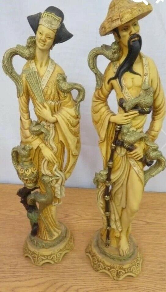 Vtg Pair of Resin Oriental Sculpture Asian Japanese Man and Woman 19 1/2" tall