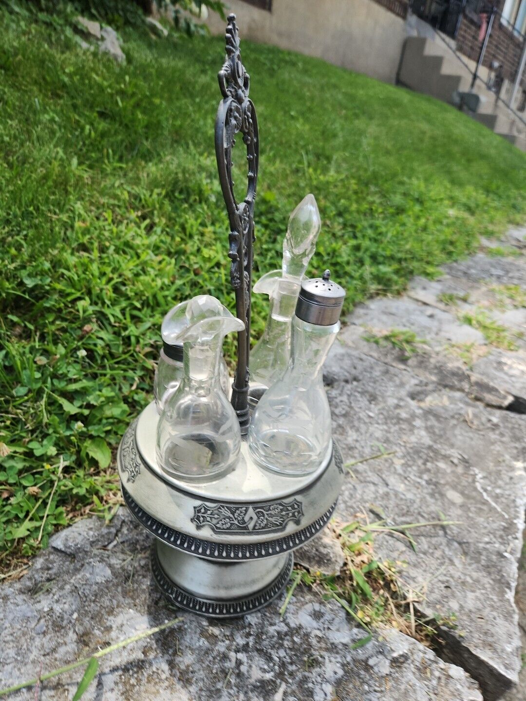 VTG Middletown Quadruple Co Rotating Condiment Server Glass & Silverplate Etched