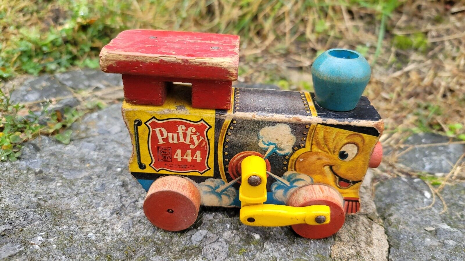 Vintage 1951 Fisher Price Wooden Pull Toy Puffy Train 444