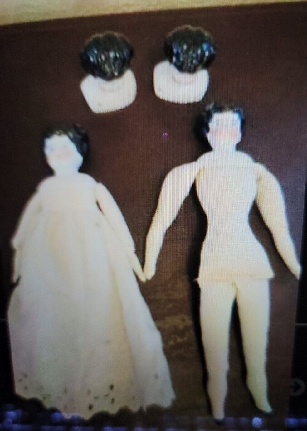 LOT of 4 Antique Bisque Porcelain German China Head Cloth Body Low Brow Dolls