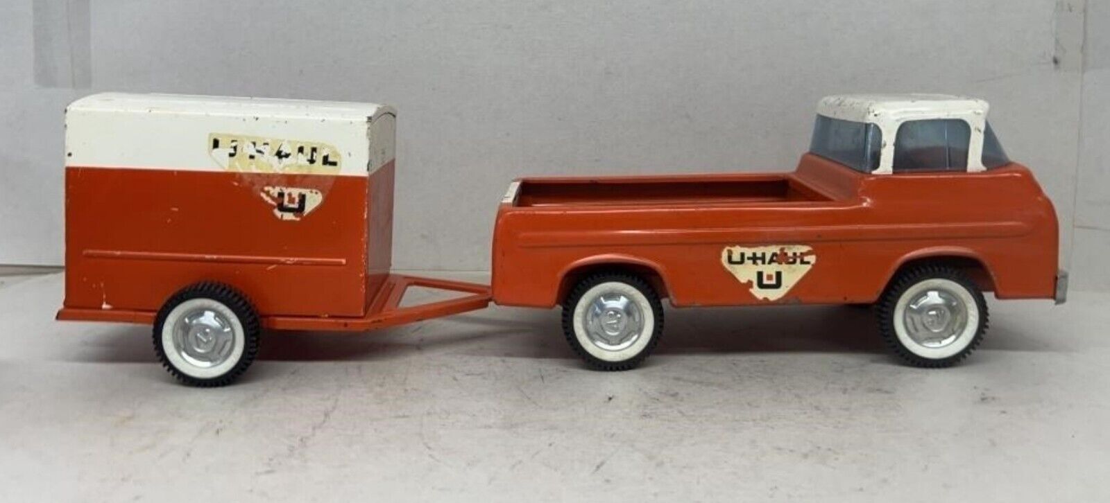 Orange U-Haul Ford Pickup Truck W/ Trailer Pressed Steel 1960s Nylint Vintage