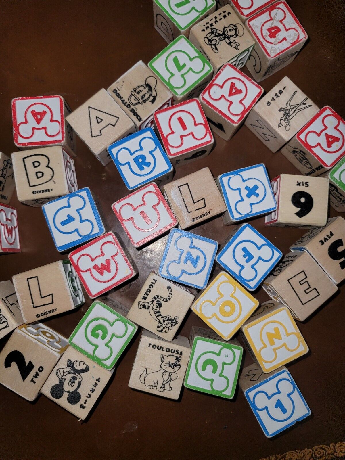 Lot of 38 Disney Wood Alphabet ABCs Number Blocks Goofy Mickey Educational 