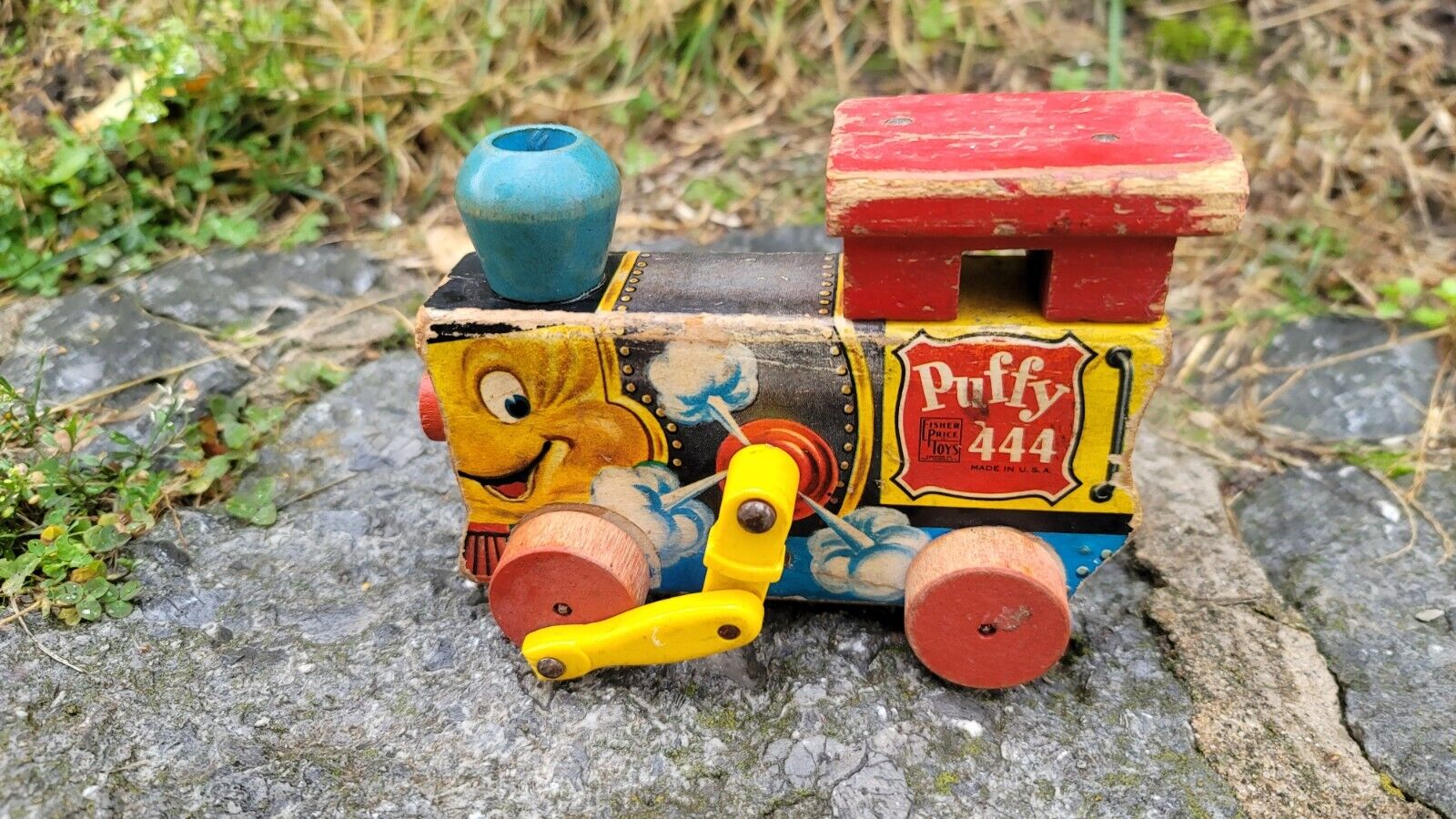 Vintage 1951 Fisher Price Wooden Pull Toy Puffy Train 444