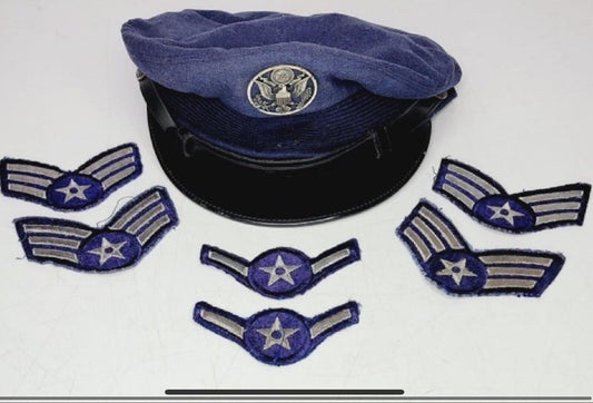 Vintage 1950 U.S. Air Force Blue Wool Dress Uniform Visor Cap Hat Patches